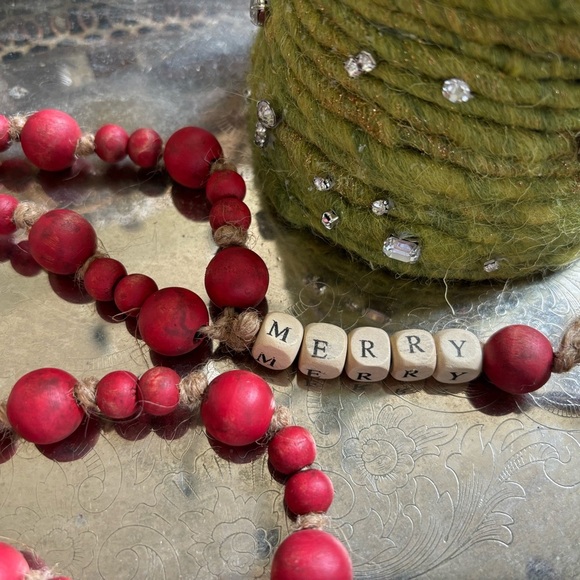 Rustic Red Bead Garland With Merry Wood Word Holiday Christmas Decor - Picture 1 of 10